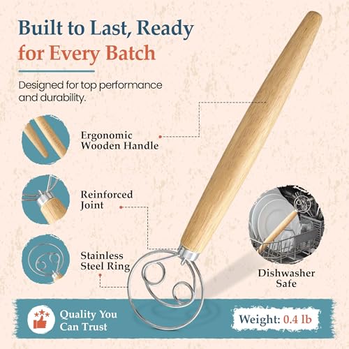 Danish Dough Whisk, 13-Inch Stainless Steel, Wooden Handle