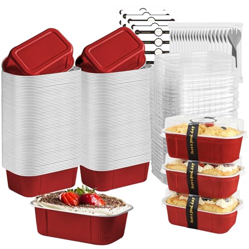 mini loaf pans with lids and spoons 50 Pack,5.5 oz Rectangle mini individual cake tins Disposable Small Aluminum Foil Baking pans(50, Red) - color: Red