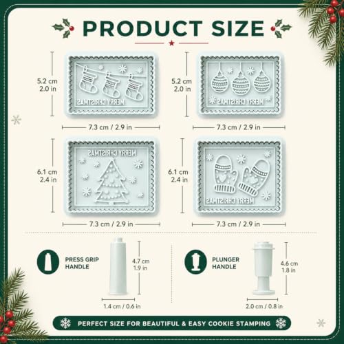 4-Piece 3D Merry Christmas Cookie Cutter and Stamp Set, Plastic