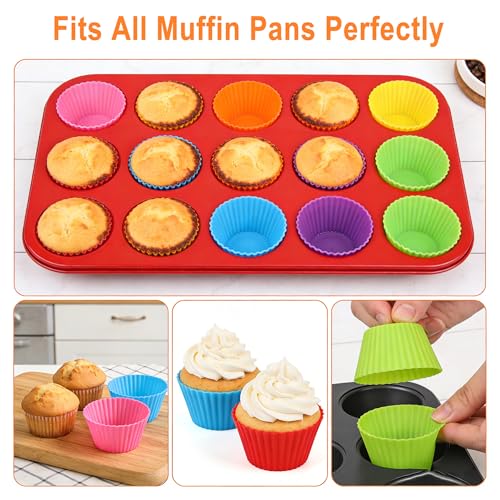 Reusable Non-Stick Silicone Baking Cups, Food Grade BPA Free Cupcake Muffin Liners, Oven & Dishwasher Safe Easy Release, Multicolor Rainbow, 24 Pack, for Muffins Cupcakes - color: 24pc- Multicolor