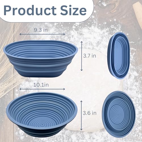 Premium Foldable Silicone Sourdough Banneton Basket | Bread Proofing & Baking Basket Set - Includes Oval & Round Bowls (9.5 Inch) - Oven & Dishwasher Safe, Gifts for Bakers - Blue - color: Blue
