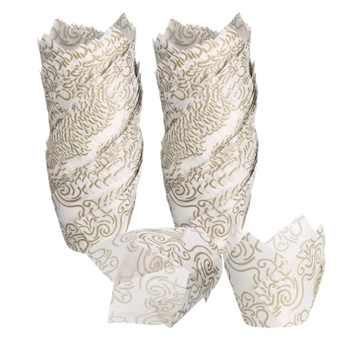 uxcell 150 Pcs Tulip Baking Cups Cupcake Muffins Liners Paper Greaseproof Wrappers for Wedding Birthday Party Festivals Christmas, (Gold Clouds, White) - color: White