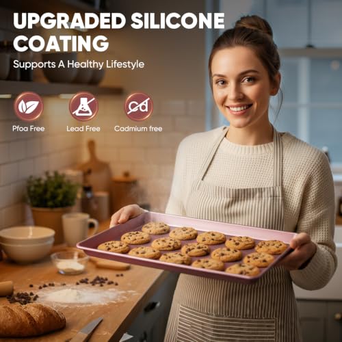 Sakerplus Nonstick Baking Sheet Set of 3, Heavy Duty Cookie Sheets for Oven - color: Pink