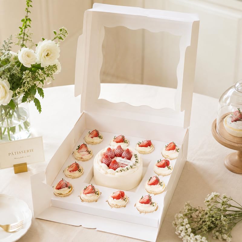 Bento Cupcake Boxes 5pcs,1 +12 Cupcakes,Scalloped Clear Window cake Boxes - size: 1+12/5pcs