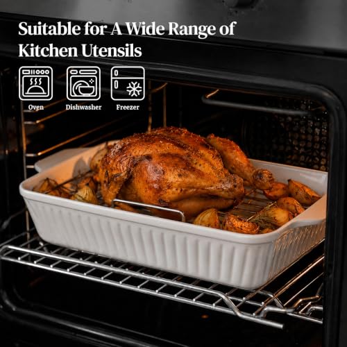 DOWAN 9x13'' Baking Dish with Handles Rack, Deep Ceramic Casserole Pan & Stainless Steel Roasting Rack for Oven, Chicken & Meat Resting, Ceramic Lasagna Pan, Dishwasher & Microwave Oven Safe-White - color: White