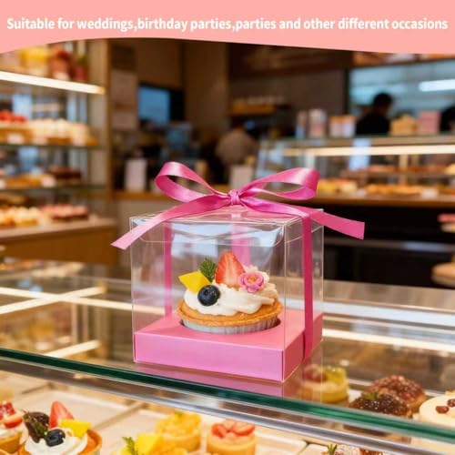 12Pcs 3.5inch Individual Cupcake Boxes with Ribbon, Clear Single Cupcake Containers (hot pink) - color: hot pink, size: 12pcs