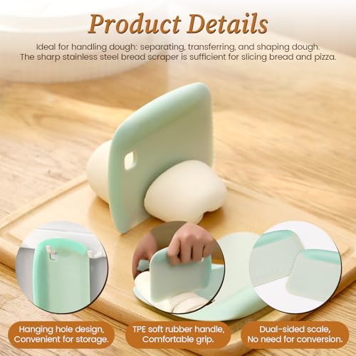 2 Pack Dough Bench Scraper Good Grip, Flexible Silicone Bowl Scraper Tool Kitchen, 3 In 1 Dough Cutter with Serrated Tooth & Measurement for Pastry Bread Pizza Cake