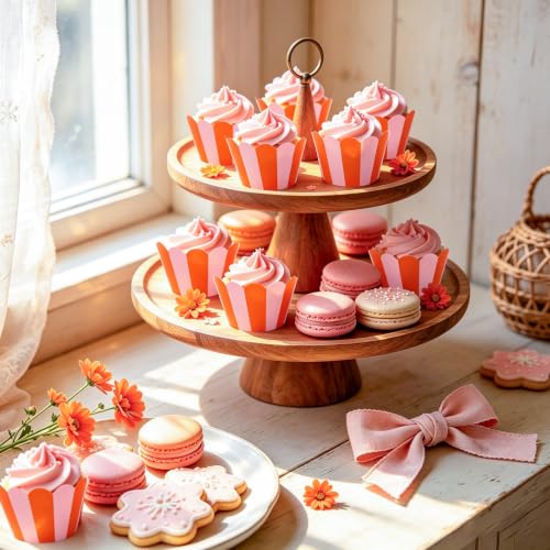 Whaline 36Pcs Pink Orange Cupcake Wrappers Stripe Scalloped Cupcake Liners Summer Decorative Baking Cups for Birthday Baby Shower Wedding Party Supplies