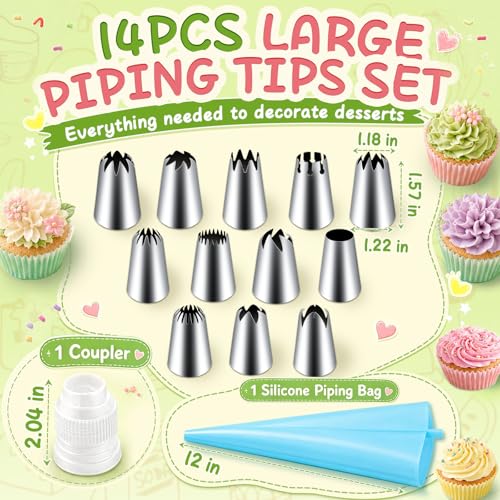 Hendiy 14pcs Large Piping Tips Set, Stainless Steel