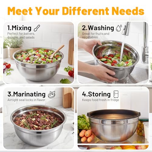 Beasea Mixing Bowls with Lids Set of 5, 4 QT Metal Stainless Steel Nesting Mixing Bowls with Lids, for Baking, Dough Bread Prepping, Salad, Food Serving and Kitchen Storing - size: 4 QT
