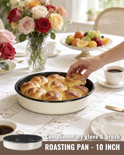 Round Roasting Pan Set, Enamel 10 Inch Deep Dish Pizza Pan for Oven - color: Creamy White - 10 Inch