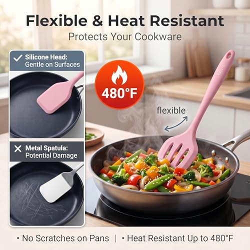 Vayvnt Cooking Utensils Set, 10PCS Non Toxic Silicone Set for Kitchen, Pink - color: Pink