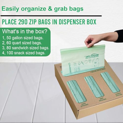 BEIDOU-PAC Compostable Combo Storage Zip Bags, 290 Count Resealable Variety Pack with Organizer, Reclosable Biodegradable Eco-Friendly Compost Snack, Sandwich, Quart, Gallon Assorted Size Bags - style: Zip | Variety Pack | 290 count