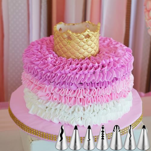 Kasmoire 7Pcs Pleated Skirt Piping Tips Set,Stainless Steel Ruffle Piping Nozzles Icing Tips Set with 10Pcs Disposable Piping Bags For Pastry Cupcakes,Cakes Cookies Decorating