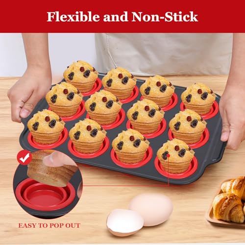 Silicone Muffin Pan, 12-Cup Nonstick Silicone Muffin Pans for Baking, Food-Grade Cupcake Pan for Oven, Microwave, Dishwasher Safe, BPA-Free Silicone Baking Mold for Muffins, Cupcakes, Egg Muffins - color: 12 Cups Red
