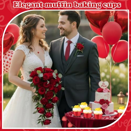 300 Pack Fiery Red Gold Cupcake Liners Disposable Foil Muffin Cup - color: Fiery Red Gold