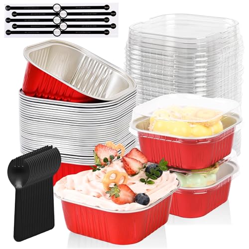 100 Pcs Mini Cake Pans with Lids, 5oz Square Aluminum Foil Brownie Baking Cups, Dessert Cupcake Cups with lids, Disposable Loaf Pans Cupcake for Wedding Birthday Party (Red) - color: Red, size: 5 OZ