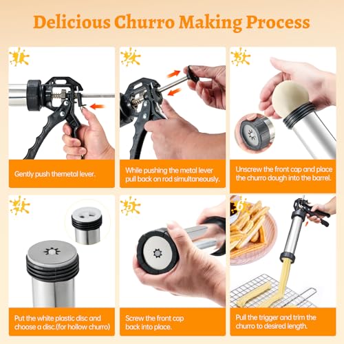 Churro Maker Stailness Steel, Cookies Press with 4 Discs for Hollow Churro,5 Cookies Discs, 6 Icing Piping Nozzle, Piping Bag, 2 Clean Brushes, Churros Gun Kit Machine for Churro