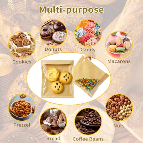 100 Pack Self Sealing Cookie Bags with Seal, 5.7x6.5 Inch Kraft Paper Bakery Bags with Window, Grease Resistant To Go Sleeves for Bake Sale Pastry, Brownie, Treat, Baked Goods Packaging - size: 5.7" x 6.5"