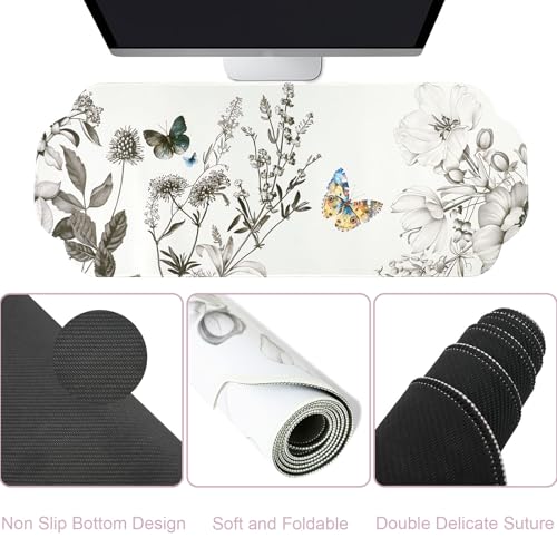 MEGREZ Large Mouse Pad&Wrist Rest Support for Mouse&Keyboard Wrist Rest, Ergonomic Memory Foam Wrist Rest, 3-in-1 Non-Slip Base Cloud Shape Desk Pad Mat for Home/Office, Butterfly and Flower