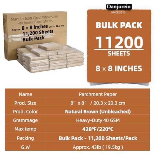 8x8-11200 Bulk Sheets Commercial Grade Parchment Paper Squares - color: Brown, size: 8"x8" (20.3x20.3cm) - 11200 sheets