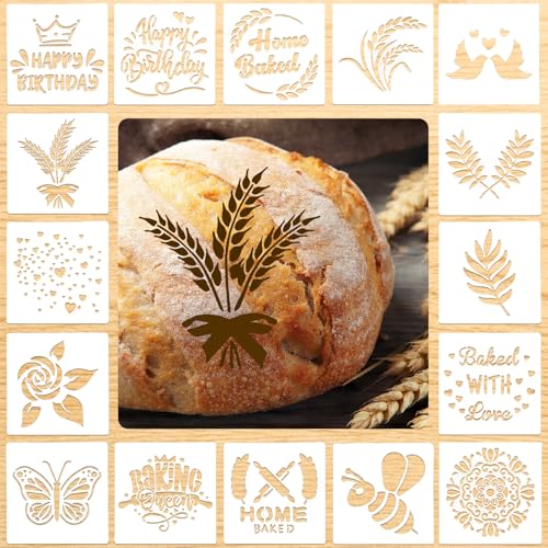 16 PCS Sourdough Bread Stencils for Baking 5.9 X 5.9 Inch Artisan Baking Tool Set Reusable Templates for Cookie, Cake and Pie Decorating 16 Styles