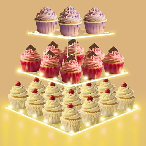 Square Cupcake Stand with Yellow Lights, 3 Tier Dessert Display Stands - color: Yellow Light, size: 3 Tier Square