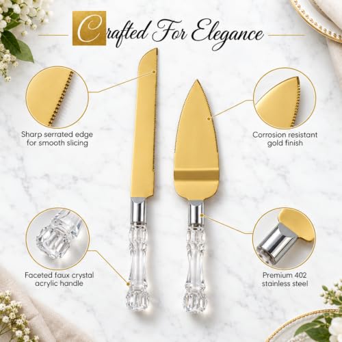 Gold Cake Knife and Server Set – Stainless Steel Wedding Cake Cutting Set with Crystal Handle, Cake Cutter & Pie Spatula for Wedding, Birthday, Anniversary, Party - color: Gold