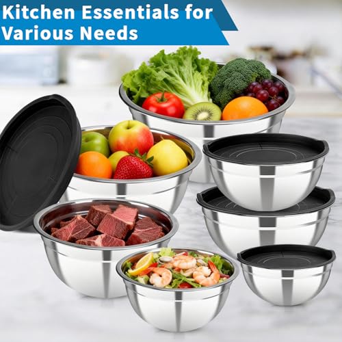 Stainless Steel Mixing Bowls with Lids, 7-Piece Nesting Bowl Set