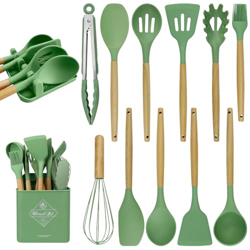 MYKUJA Silicone Cooking Utensils Set, Heat Resistant Kitchen Utensils Set, Spatula,Turner Tongs,Spoon,Brush,Whisk, Cooking Kitchen Utensils Spatula Set, Nonstick Cookware（sage green）