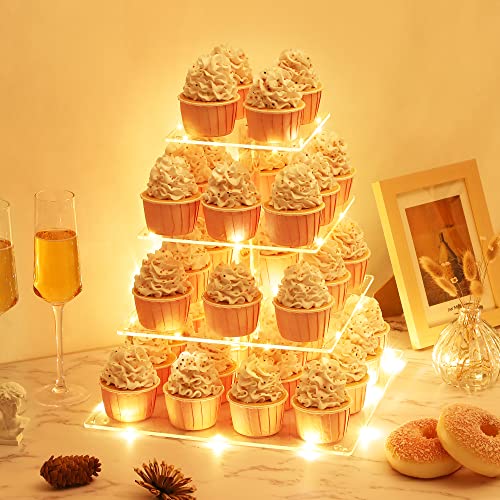4 Tier Cupcake Stand with LED String Light, Acrylic Cupcake Display Stand - color: Warm