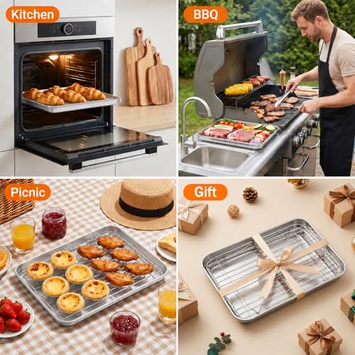Baking Sheet with Wire Rack (2 Pans + 2 Racks), Stainless Steel Cookie Sheet with Cooling Racks, Stainless Steel Cookie Sheets Pan and CoolingRack for Baking Cookies Jelly Rolls