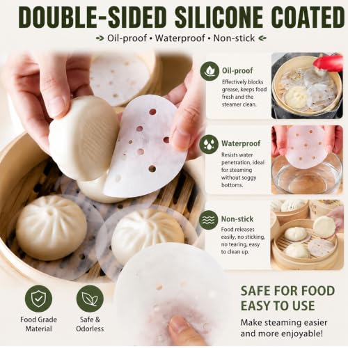 SEIWEI 100pcs 3.5in Air Fryer Parchment Paper Bamboo Steamer Paper Liners, Round Perforated Parchment Paper Sheets, Heat Resistant Non-stick Basket Mat, Perfect for Dumpling Steaming, Baking, Cooking - size: 3.5 inch