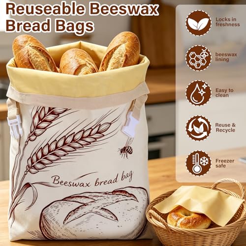 Beeswax Bread Bag 2 Pack, Reusable Sourdough Bread Bags for Homemade Bread - color: Fold Buckle-Farmhouse