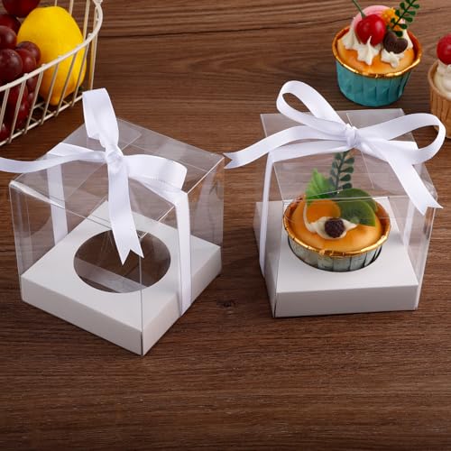 50 Pcs Plastic Cupcake Boxes, 3.5 Inch, White, Clear