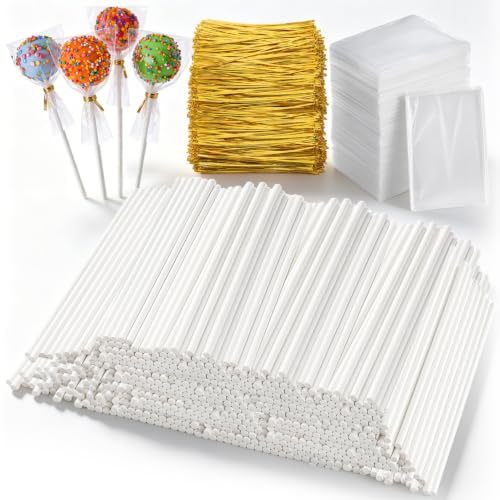 2400Pcs White Lollipop Sticks, 6IN Cake Pop Sticks with Clear Treat Bags & Gold Twist Ties for Candy Making Accessories - color: 2400PCS white