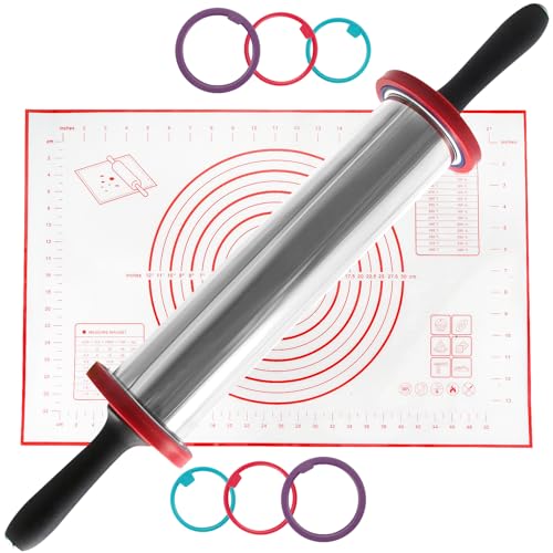 Rolling Pins Stainless Steel Silicone Baking Pastry Mat Set 19 Inch - color: Red