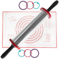 Rolling Pins Stainless Steel Silicone Baking Pastry Mat Set 19 Inch - color: Red
