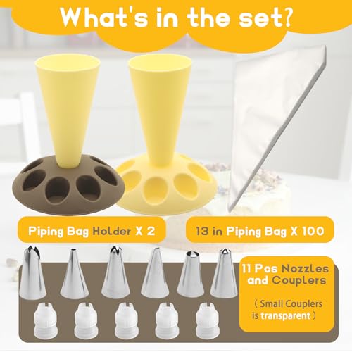 2 Pack Piping Bag Holder – Piping Bag Holder Stand for Filling, Icing Bag Holder, Pastry Bag Holder Stand with 8 Nozzle Slots, Includes 100 Pcs 13 in Piping Bags, 6 Icing Nozzles & 5 Couplers - color: Yellow and Brown