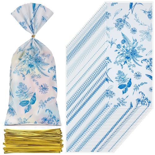 Sweetude 100 Pcs Cellophane Bags Candy Gift Bag Wildflower Party Favor - style: Blue and White Porcelain