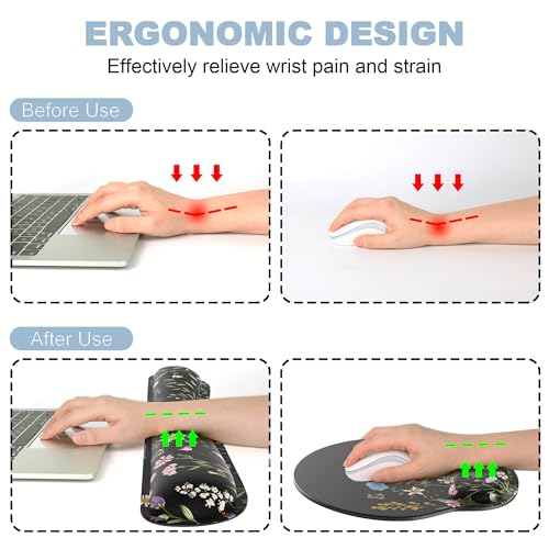 Ergonomic Mouse Pad with Wrist Rest and Keyboard Wrist Rest, Mousepad - color: Black Floral