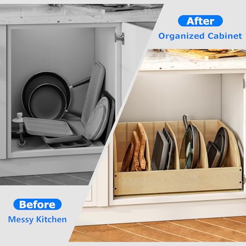 WelFurGeer Birchwood Pot and Pan Organizer with Soft-Close Drawer, Pull Out Cabinet Organizer, Heavy-Duty Slide-Out Storage for Baking Sheets, Cutting Boards, and Kitchen Utensils - size: 26"W X 21"D
