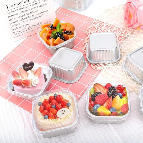 60Pack 5oz Silver Mini Cake Pans with Lids Baking Cups Aluminum Foil Pans Tins, Individual Dessert Cups Containers for Sales,Party,Picnics - color: Silver