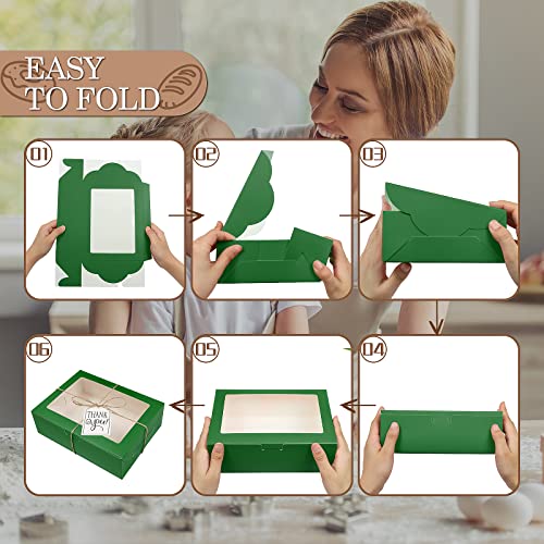 KPOSIYA 65 PCS 8x6x2.5 Inch Cookie Boxes with Window Green Bakery Boxes Pastry Boxes for Gift Giving, Treat, Dessert, Cupcakes, Chocolate, Strawberries, Donuts, Muffins (5 Style Windows) - color: Green(pack of 65)