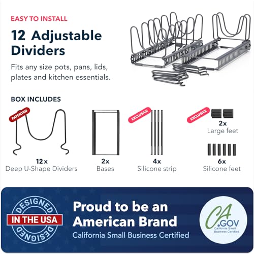 Better Things Home 5.5” Wide 12-Slot Adjustable Pot Lid Organizer with Scratch-Free Pads, Expandable Pot Lid Holder Rack for Cabinet, Small to Medium Pots and Pans Organizer Inside Cabinet - size: LID ORGANIZER - 12+ DIVIDERS