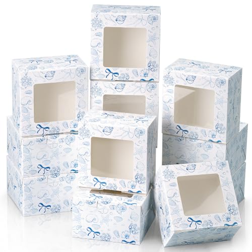 Chivertino 50 Pack Blue Seashell Square Cookie Boxes with Window - color: Blue, size: Seashell