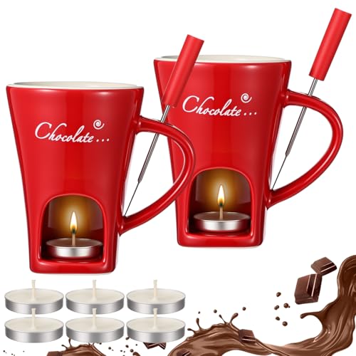 Honeydak 2 Set Chocolate Fondue Mug with Fork ＆ Candle, Red - color: Red