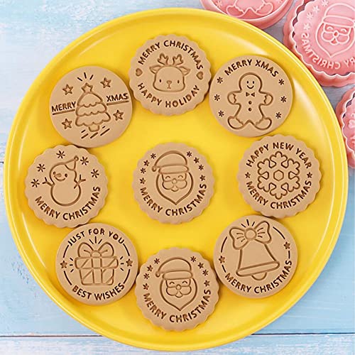 8 Pieces Round Christmas Cookie Cutter Cookie Moulds For Baking Cookie Mould Press Christmas Cookie Mould Set Kitchen Tools Plastic Cookie Stamps (Christmas B)