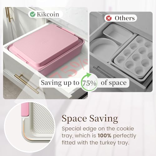 Kikcoin 25-Piece Nonstick Baking Pans Set with Large Turkey Roasting Pan, Stackable Bakeware Set, 450°F Oven Safe Baking Sheet Set with Silicone Handles, Carbon Steel Cookie Sheets for Baking, Pink - color: Pink