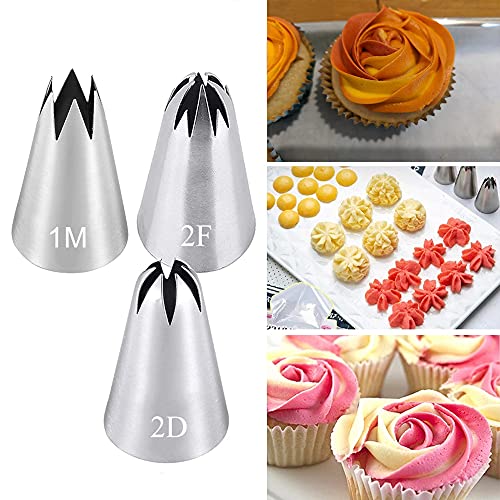 Icing Piping Tip Set,3 Large Decorating Tips Stainless Steel,DIY Cream Rose Flower Piping Tips,Cupcake Pastry Tips for Cake Decorating(1M 2D 2F) - color: Type 1